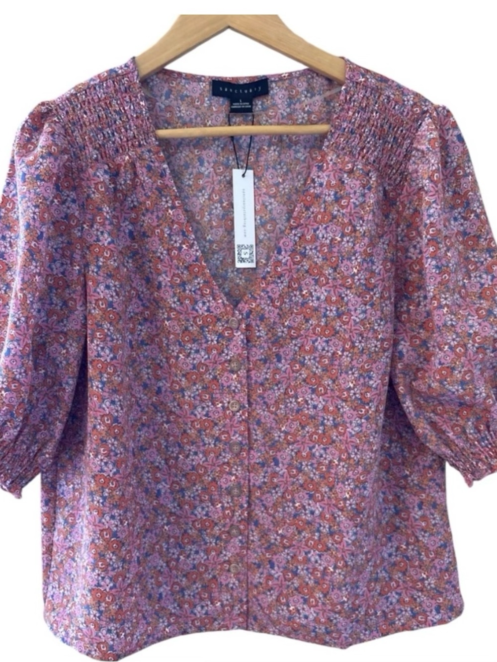 Sanctuary (Anthropology) Pink Floral Puff Sleeve V-Neck Blouse Large